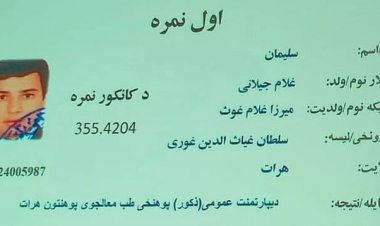 د سلیمان په نوم  يو ځوان د ۳۵۵ نمرو په اخیستو د ۱۴۰۱  ه ش کال  کانکور آزموینه کې لومړی مقام خپل کړ.